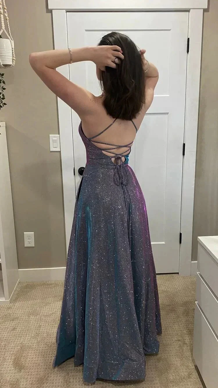 A-line Spaghetti Straps Evening Dress Sparkly Prom Dress Y426 - Image 2