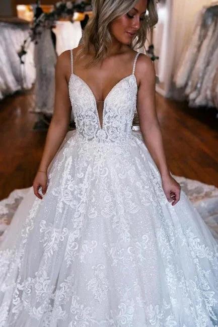 A-Line Spaghetti Straps Floor-Length Sweetheart Appliques Wedding Dresses with Lace - Image 2