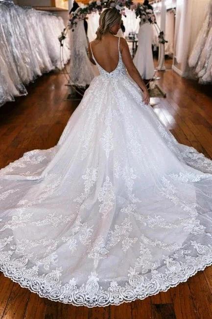 A-Line Spaghetti Straps Floor-Length Sweetheart Appliques Wedding Dresses with Lace - Image 3