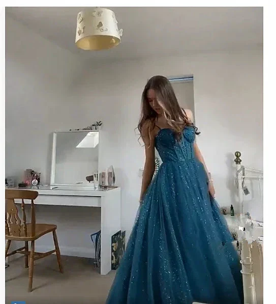 A-line Spaghetti Straps Glitter Tulle Prom Dress Chic Evening Dress Y406 - Image 3