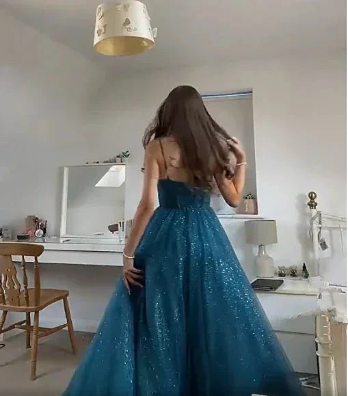 A-line Spaghetti Straps Glitter Tulle Prom Dress Chic Evening Dress Y406 - Image 4