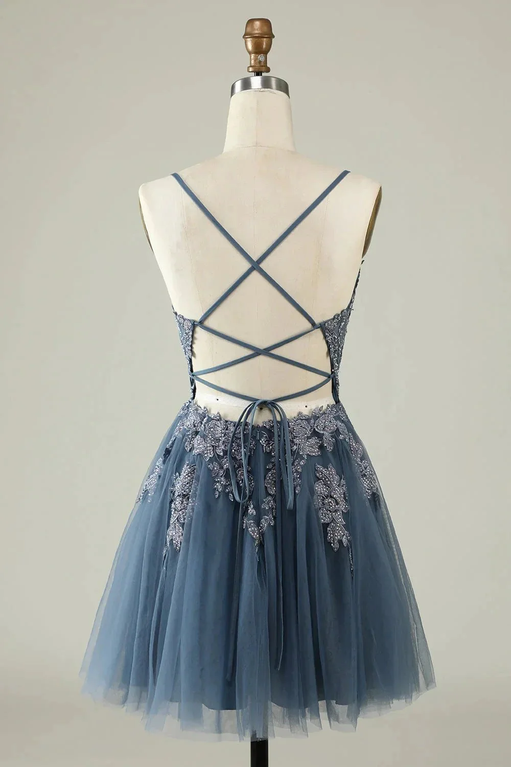 A Line Spaghetti Straps Grey Blue Short Homecoming Dress with Appliques - Image 2