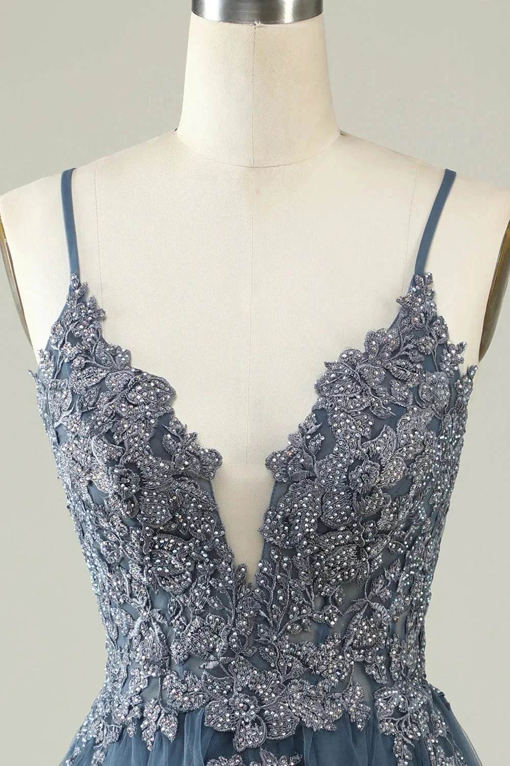 A Line Spaghetti Straps Grey Blue Short Homecoming Dress with Appliques - Image 3