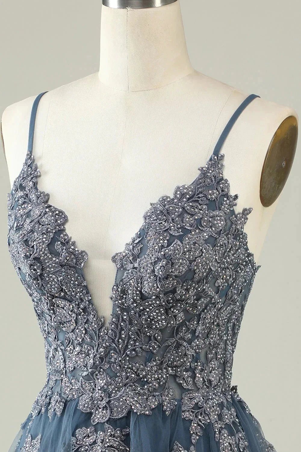 A Line Spaghetti Straps Grey Blue Short Homecoming Dress with Appliques - Image 4