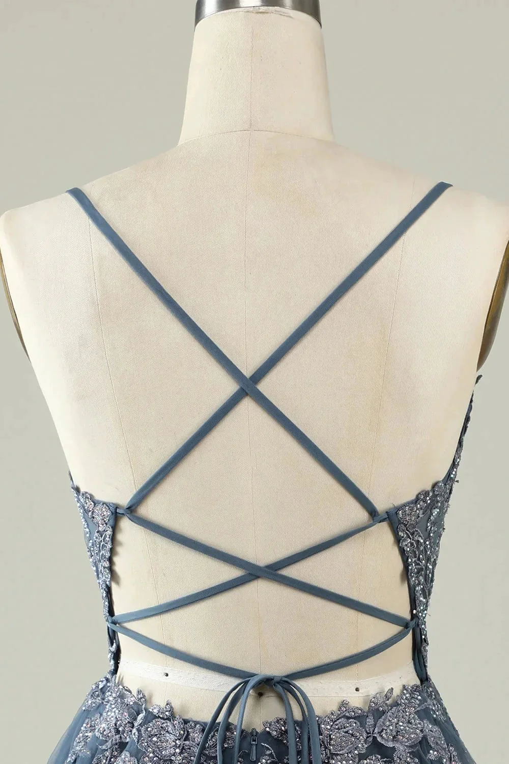 A Line Spaghetti Straps Grey Blue Short Homecoming Dress with Appliques - Image 5
