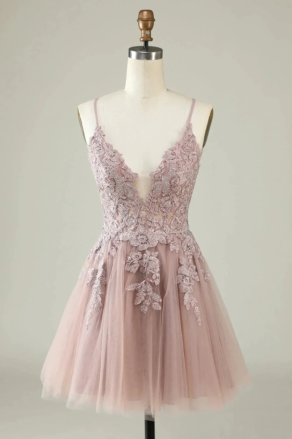 A Line Spaghetti Straps Grey Blue Short Homecoming Dress with Appliques - Image 8
