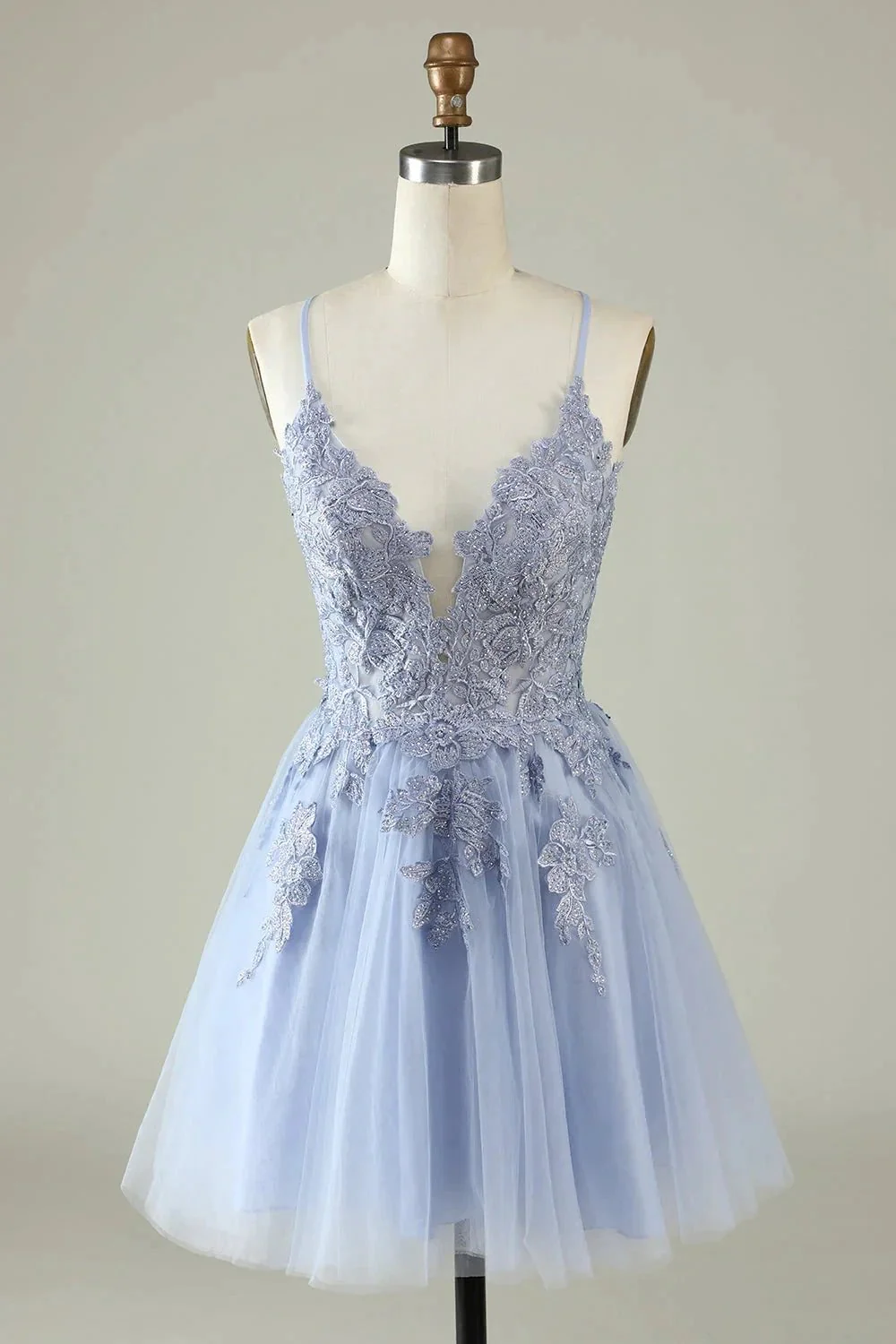 A Line Spaghetti Straps Grey Blue Short Homecoming Dress with Appliques - Image 9