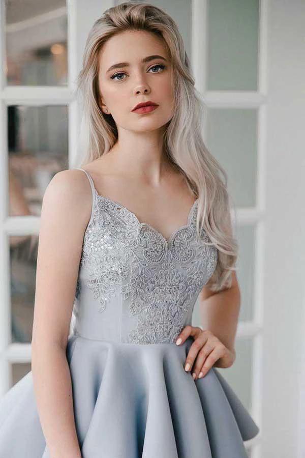 A-Line Spaghetti Straps Grey Satin Homecoming Dress with Appliques  PD027 - Image 2