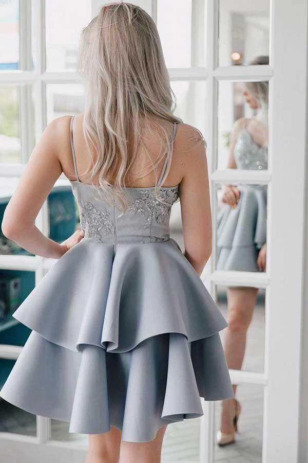 A-Line Spaghetti Straps Grey Satin Homecoming Dress with Appliques  PD027 - Image 3