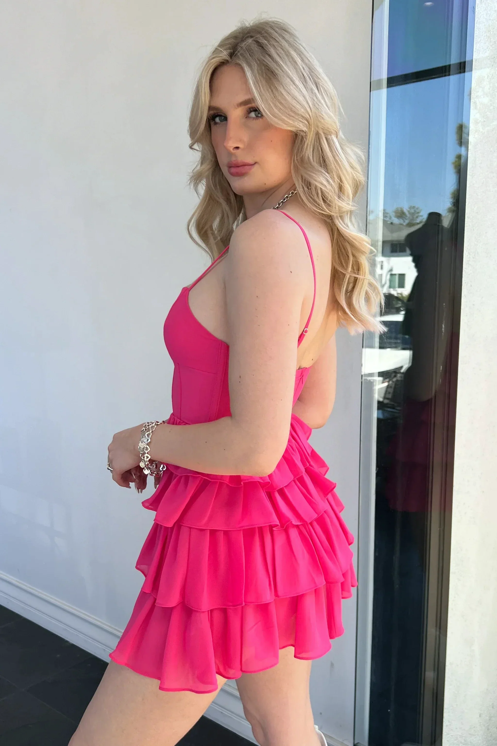 A-line Spaghetti Straps Homecoming Dress Lovely Hot Pink Party Dress Y2287 - Image 2