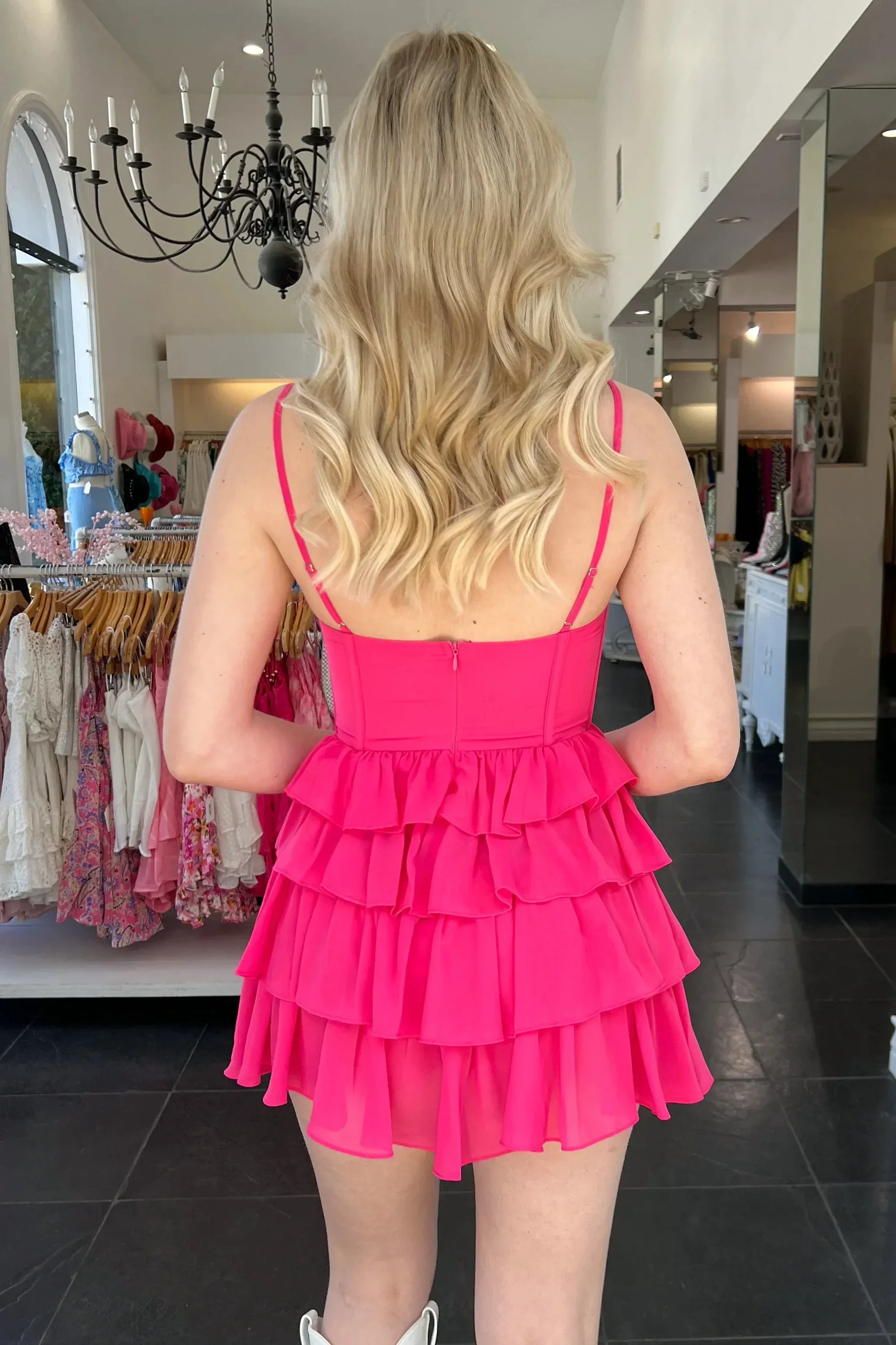 A-line Spaghetti Straps Homecoming Dress Lovely Hot Pink Party Dress Y2287 - Image 3