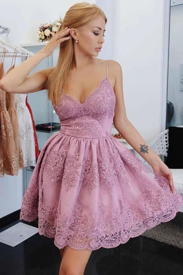 A-Line Spaghetti Straps Homecoming Prom Dress with Appliques PD056 - Image 2