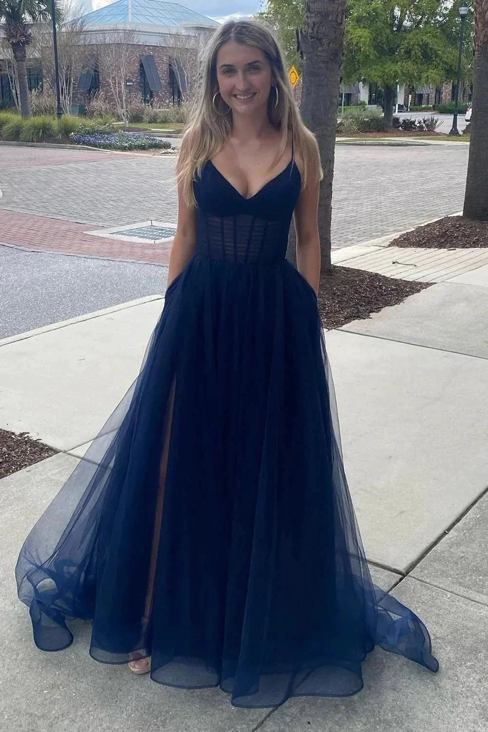 A Line Spaghetti Straps Hot Pink Long Tulle Prom Dress PSK458 - Image 2