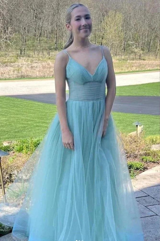 A Line Spaghetti Straps Hot Pink Long Tulle Prom Dress PSK458 - Image 4