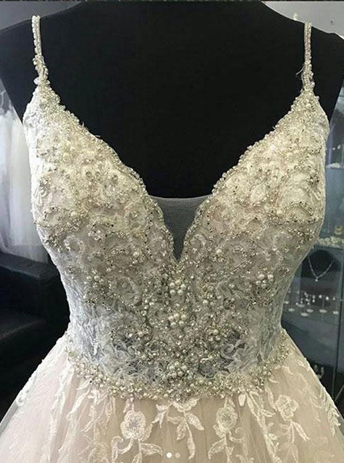 A-Line Straps Ivory Tulle Wedding Dress with Appliques Beading  WD228 - Image 2