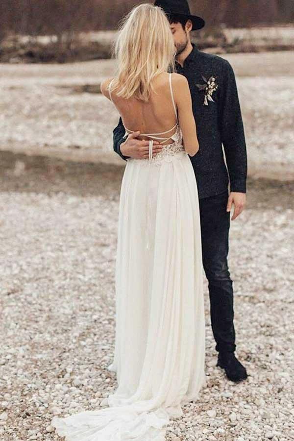 A-Line Spaghetti Straps Long Chiffon Wedding Dress with Lace WD259 - Image 2