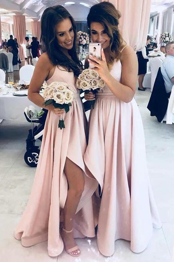 A-Line Spaghetti Straps Low-Cut Pink Satin Bridesmaid Dress with Split BD057 - Image 2