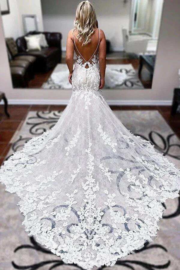 A-line Spaghetti Straps Mermaid Wedding Dress With Lace Appliques WD693 - Image 2