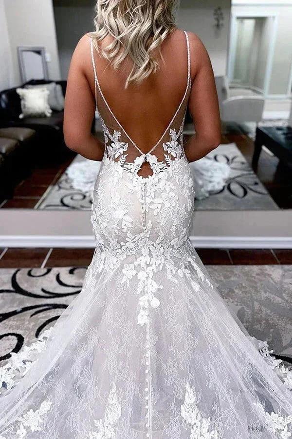 A-line Spaghetti Straps Mermaid Wedding Dress With Lace Appliques WD693 - Image 3
