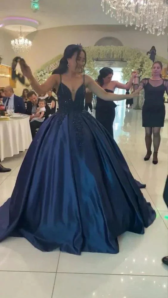 A-line Spaghetti Straps Navy Blue Ball Gown Birthday Party Dress Y1612 - Image 2