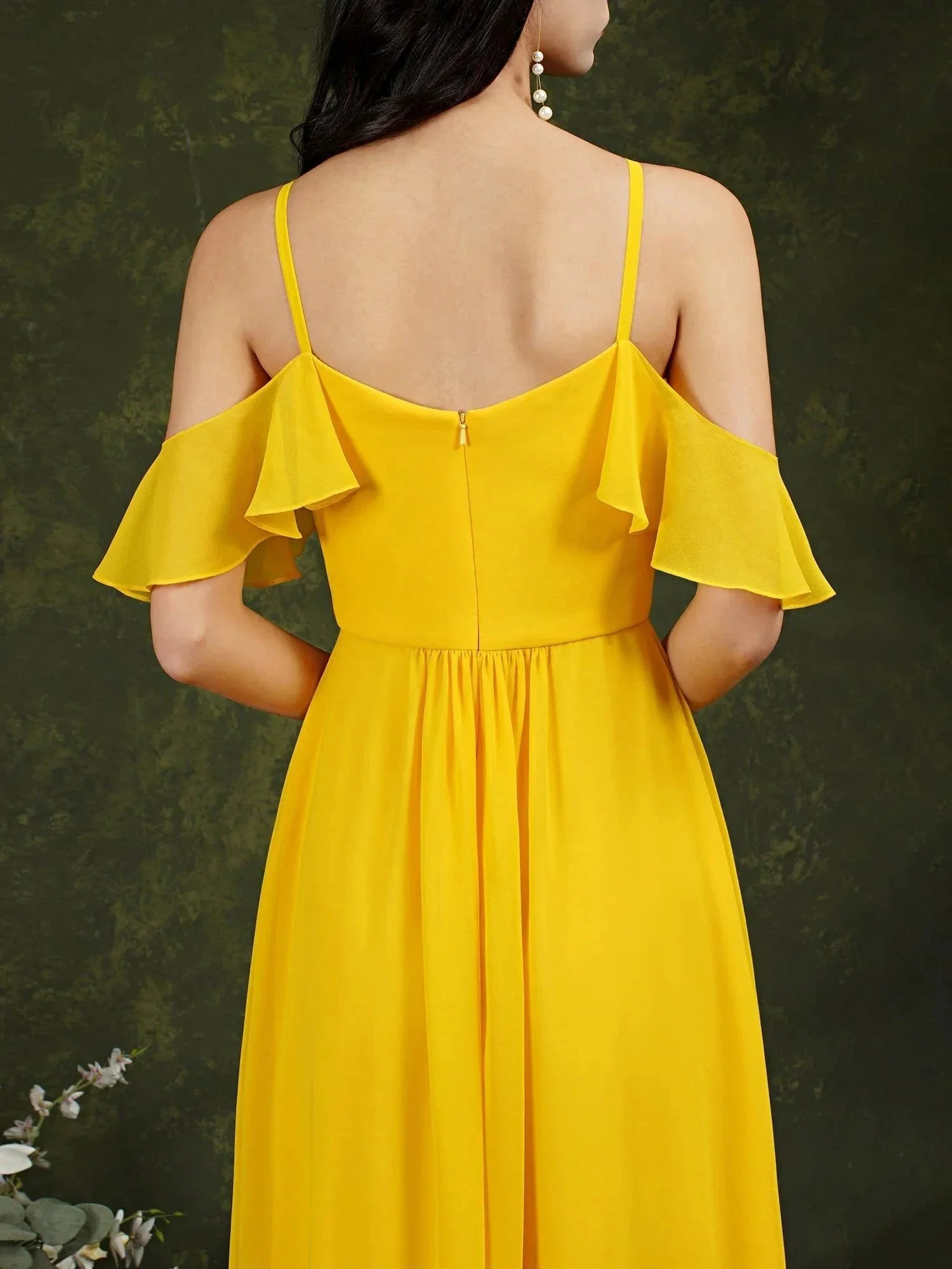 A-Line Spaghetti Straps Off-the-shoulder Ruffles Chiffon Bridesmaid Dress With Pockets - Image 10
