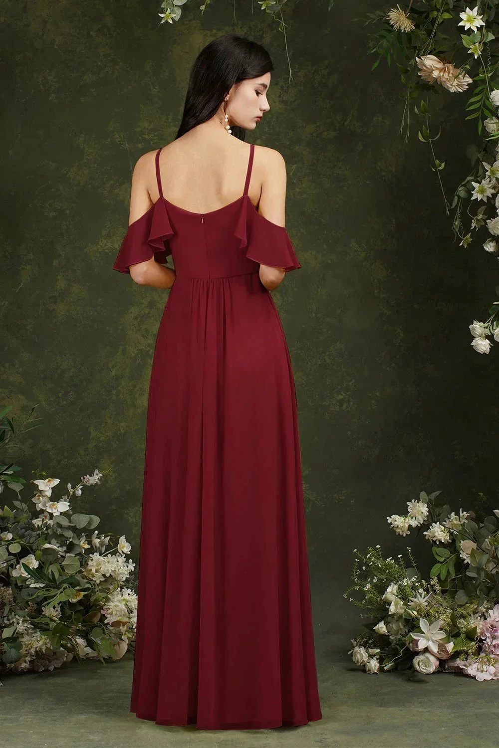 A-Line Spaghetti Straps Off-the-shoulder Ruffles Chiffon Bridesmaid Dress With Pockets - Image 2