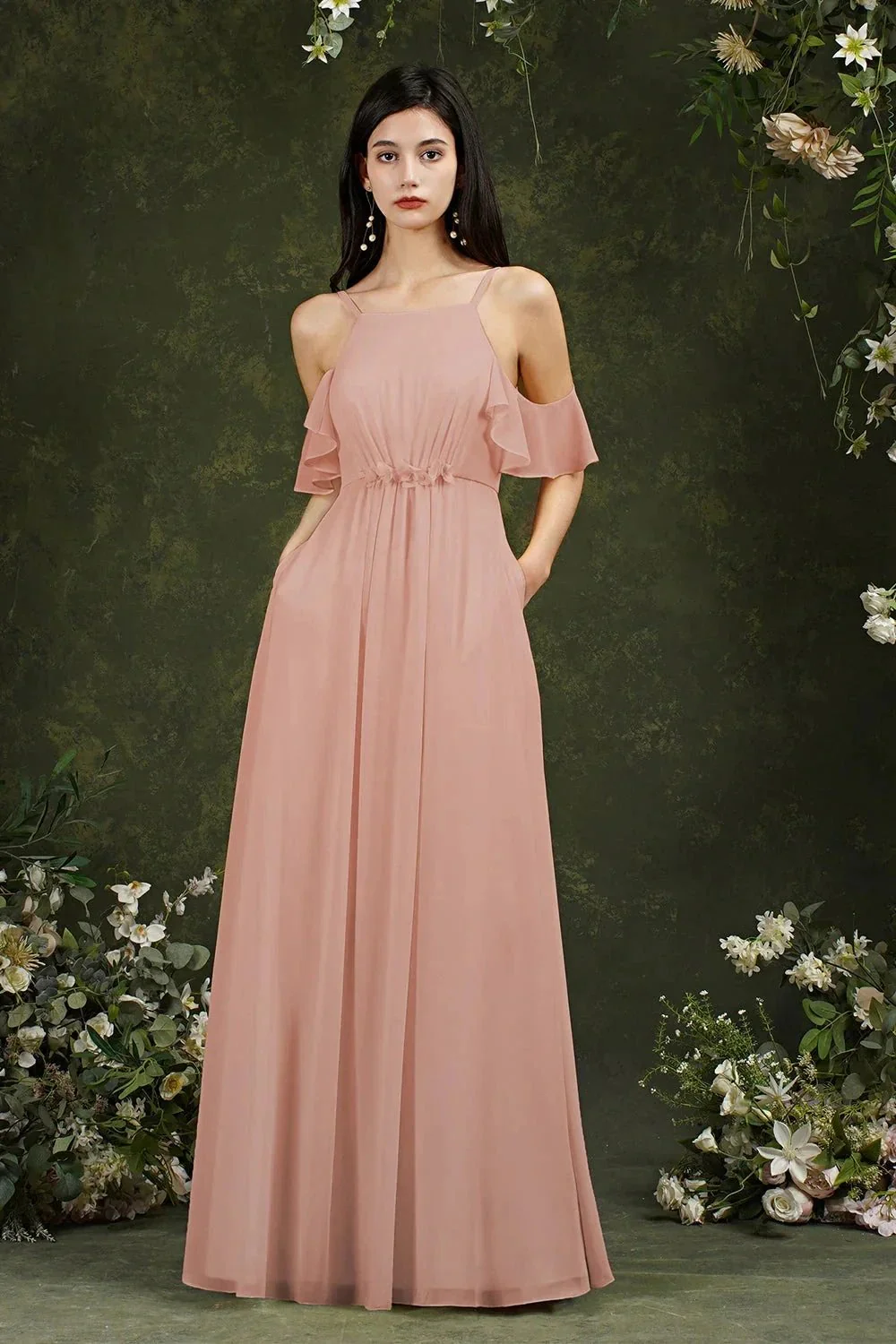 A-Line Spaghetti Straps Off-the-shoulder Ruffles Chiffon Bridesmaid Dress With Pockets - Image 3