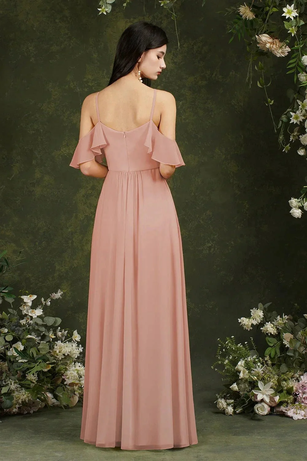 A-Line Spaghetti Straps Off-the-shoulder Ruffles Chiffon Bridesmaid Dress With Pockets - Image 4