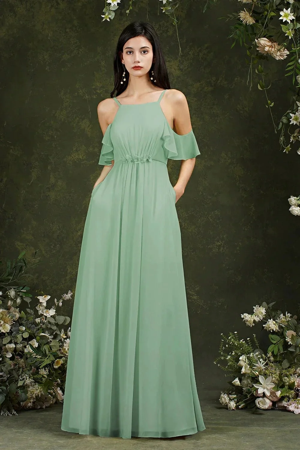 A-Line Spaghetti Straps Off-the-shoulder Ruffles Chiffon Bridesmaid Dress With Pockets - Image 5