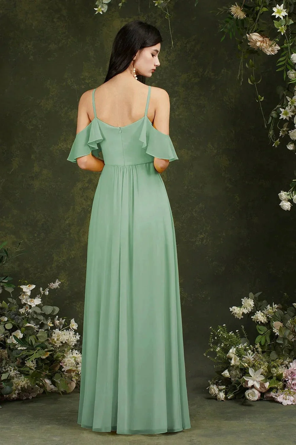 A-Line Spaghetti Straps Off-the-shoulder Ruffles Chiffon Bridesmaid Dress With Pockets - Image 6