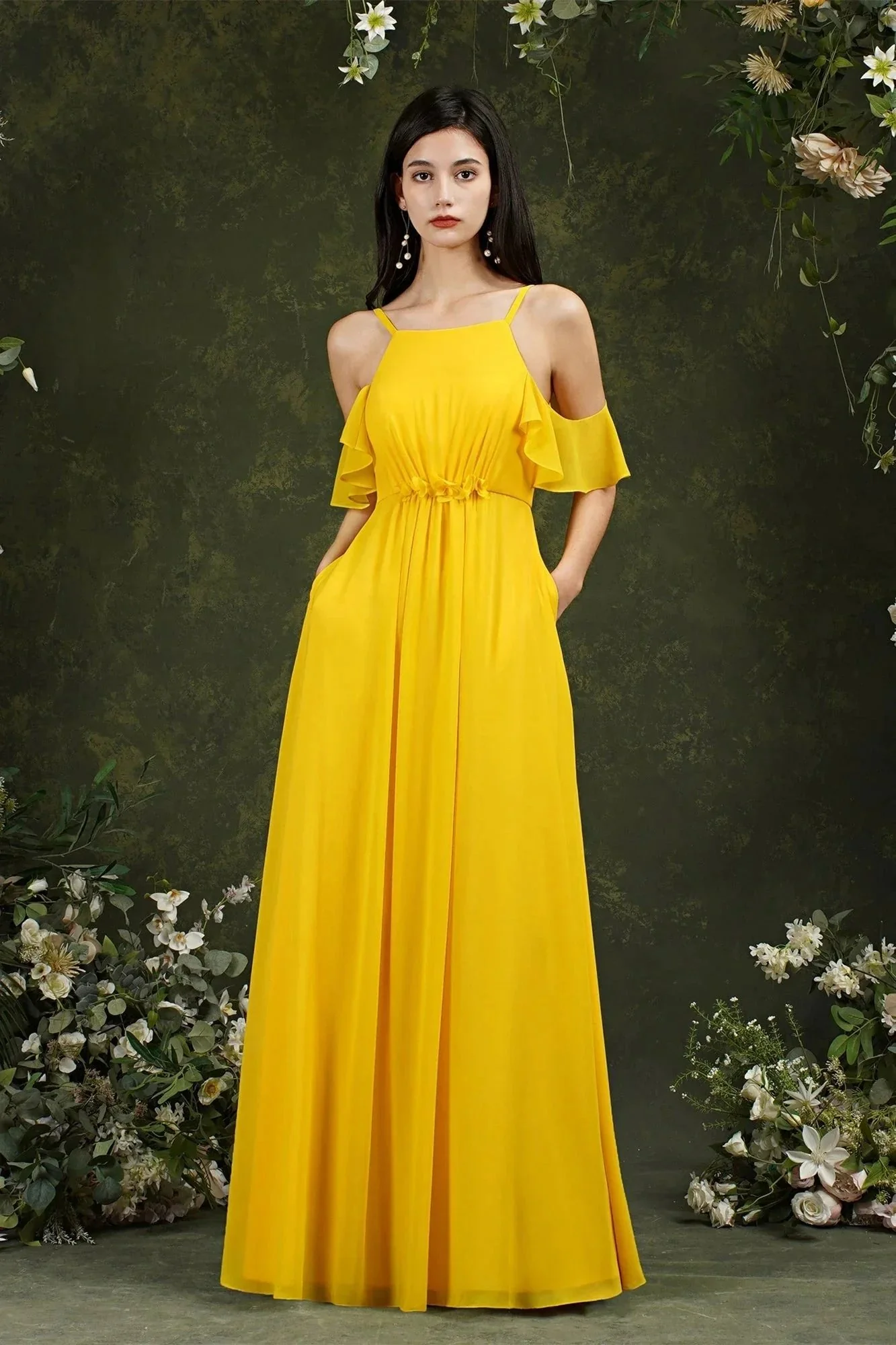 A-Line Spaghetti Straps Off-the-shoulder Ruffles Chiffon Bridesmaid Dress With Pockets - Image 7