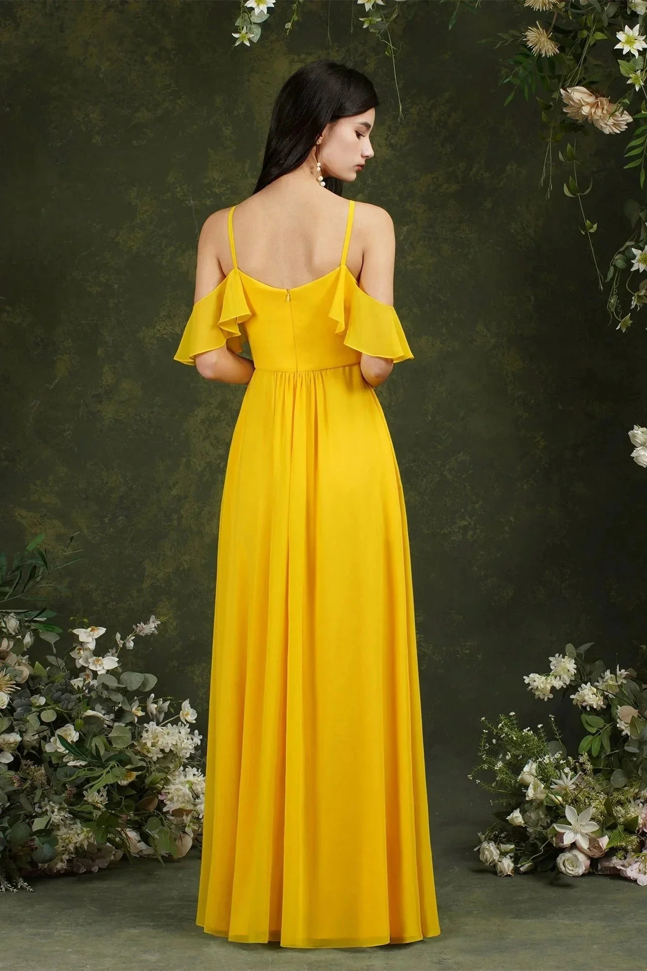 A-Line Spaghetti Straps Off-the-shoulder Ruffles Chiffon Bridesmaid Dress With Pockets - Image 8