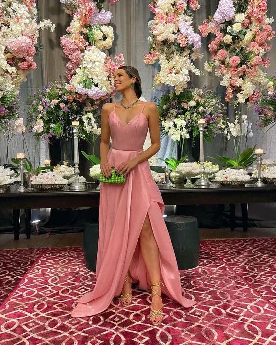 A-line Spaghetti Straps Pink Satin Evening Dress Y4728 - Image 2