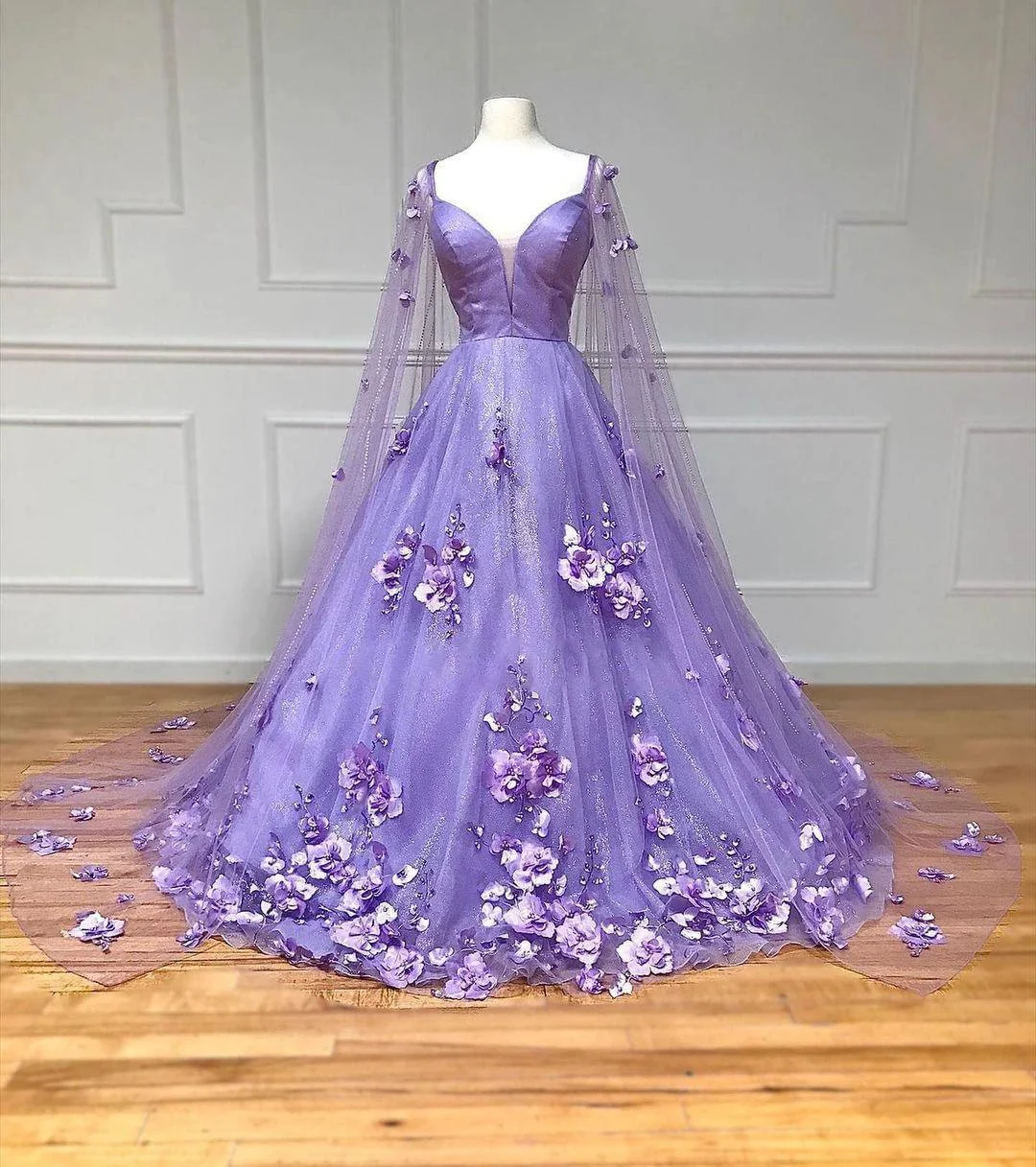 Lavender 3D Floral Lace A-Line Prom Dress with Cape Sleeves - Image 3