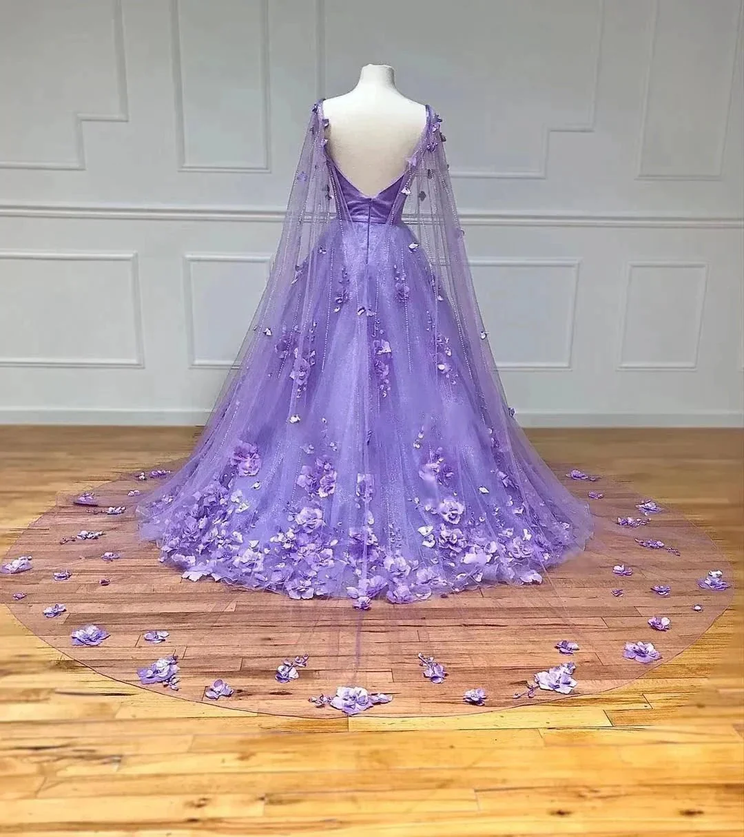 Lavender 3D Floral Lace A-Line Prom Dress with Cape Sleeves - Image 4