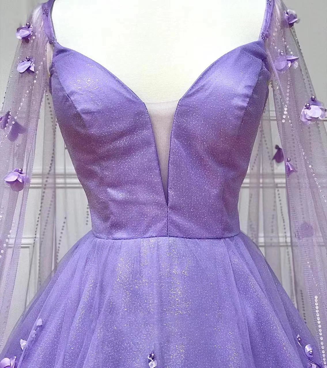 Lavender 3D Floral Lace A-Line Prom Dress with Cape Sleeves - Image 5