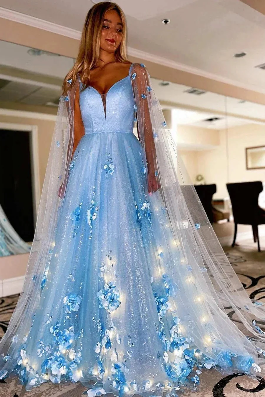Lavender 3D Floral Lace A-Line Prom Dress with Cape Sleeves - Image 6