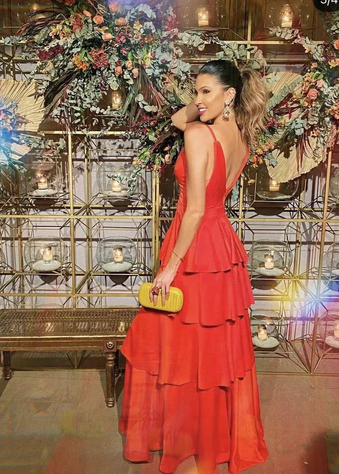 A-line Spaghetti Straps Red Tiered Evening Dress Y5466 - Image 2