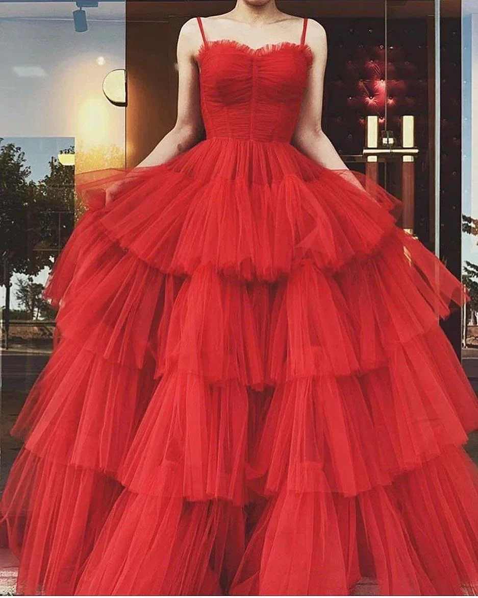 A-line Spaghetti Straps Red Tulle Tiered Prom Dress Red Evening Gown Y4644 - Image 2