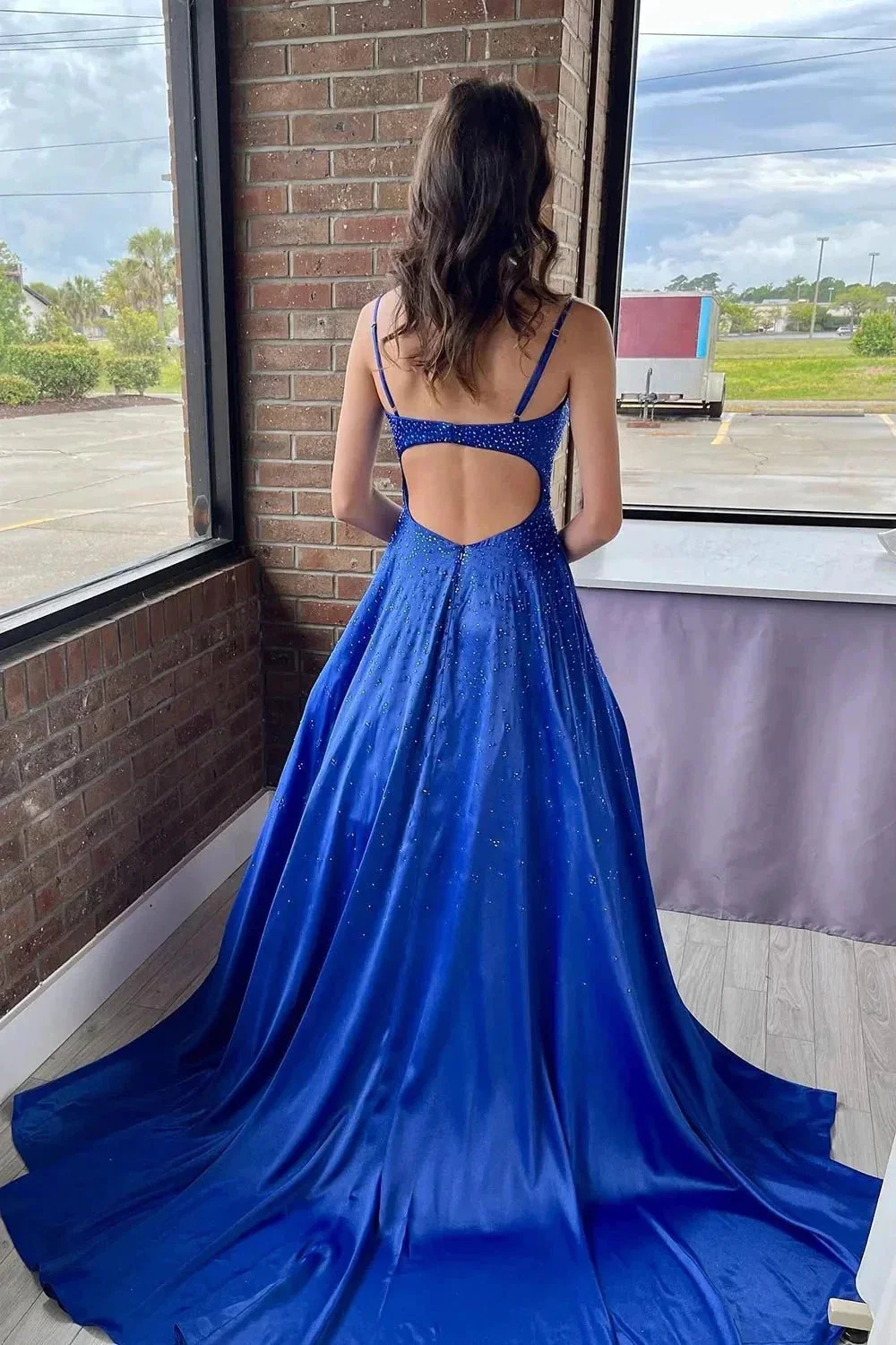 Athena | A-Line Spaghetti Straps Royal Blue Long Prom Dress with Beading - Image 2