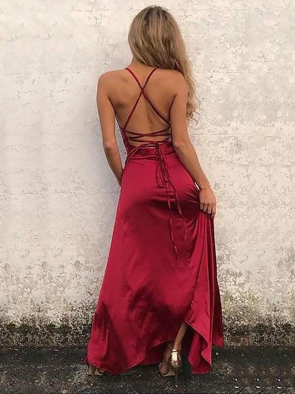 A-Line Spaghetti Straps Sleeveless Floor-Length With Ruffles Elastic Woven Satin Prom Dresses - Image 2