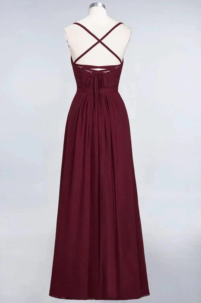 A-Line Spaghetti-Straps Sweetheart Sleeveless Bridesmaid Dress Ruffles Chiffon Evening Maxi Gown - Image 10