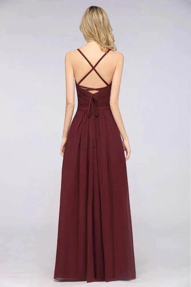 A-Line Spaghetti-Straps Sweetheart Sleeveless Bridesmaid Dress Ruffles Chiffon Evening Maxi Gown - Image 2
