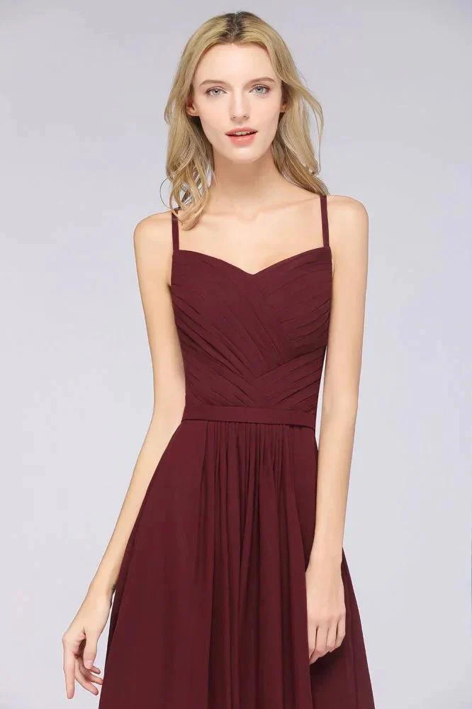 A-Line Spaghetti-Straps Sweetheart Sleeveless Bridesmaid Dress Ruffles Chiffon Evening Maxi Gown - Image 3