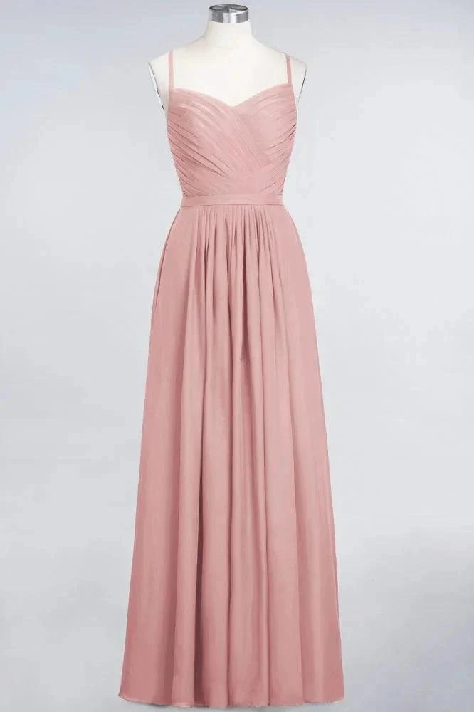 A-Line Spaghetti-Straps Sweetheart Sleeveless Bridesmaid Dress Ruffles Chiffon Evening Maxi Gown - Image 5