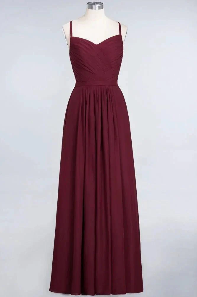 A-Line Spaghetti-Straps Sweetheart Sleeveless Bridesmaid Dress Ruffles Chiffon Evening Maxi Gown - Image 9