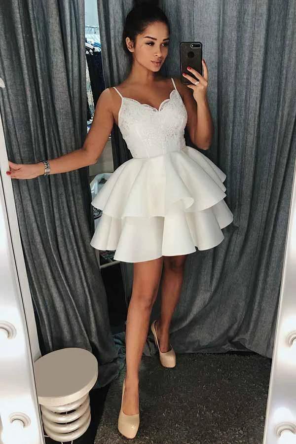 A-Line Spaghetti Straps Tiered Short Satin Homecoming Dress with Lace  PD025 - Image 2