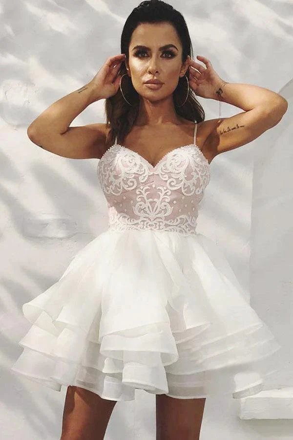 A-Line Spaghetti Straps Tiered White Homecoming Dress with Appliques PD405 - Image 2