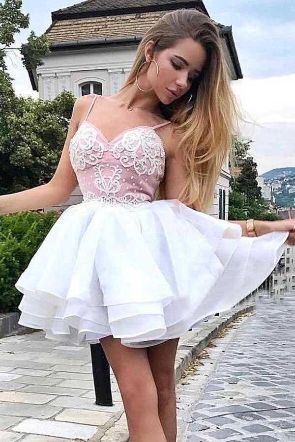 A-Line Spaghetti Straps Tiered White Homecoming Dress with Appliques PD405 - Image 3