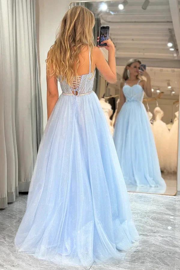 A Line Spaghetti Straps Tulle Blue Sparkly Prom Dress PSK473 - Image 3